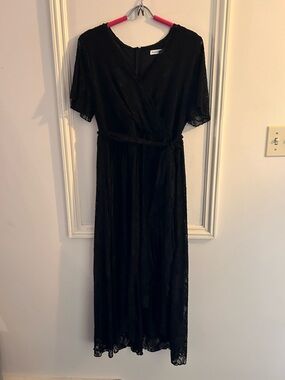 Black Lace Wrap Maxi Dress with Tie Waist